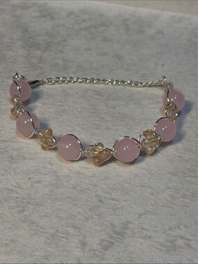Delicate Pink Glass Beaded Wire Weave Bracelet - Silver